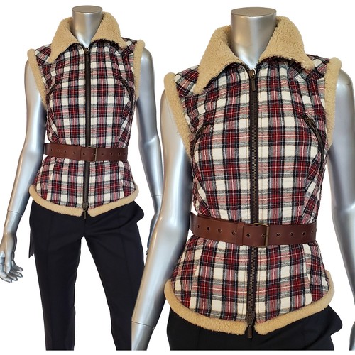 McQ by ALEXANDER MCQUEEN CHALECO CHAQUETA ESTAMPADO A CUADROS PIEL DE OVEJA RIBETE CINTURÓN talla 40 EE. UU. 4 - Imagen 1 de 15