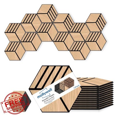 Mollywell 12pk Hexagon Acoustic Panels Wood-Grain Sound Proof Tiles