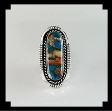 Impressive Navajo Joe Paul Kingman Turquoise and Spiny Oyster Ring Size 9 3/4