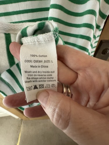 Toast Green/White Breton Striped Top - Boat Neck-3/4 Sleeve - Size L - Picture 6 of 9