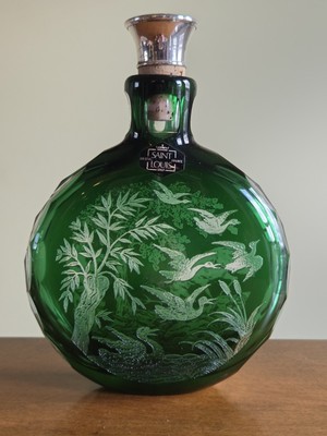 Saint Louis France Hunting Scene Green Cut to Clear Art Glass Decanter Bottle