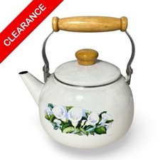 NEW Vintage Style Enamel Tea Kettle White Floral Design Wood Handle Lid