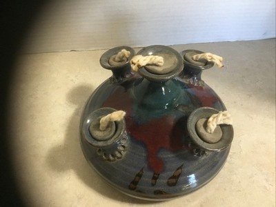 Vintage Blue Glazed Art Pottery Stoneware 5-Wick Oil Lamp
