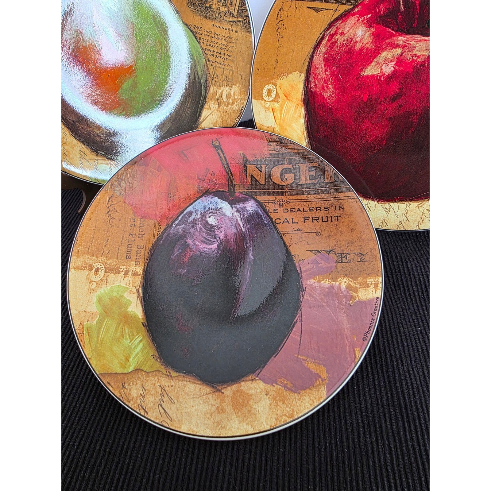 Pier 1 Imports Fruit Crate Set of 3 Plates Apple Pear Plum Decorative Only