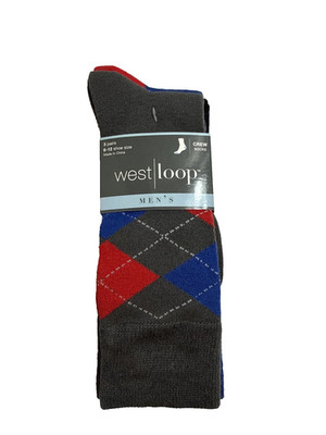 West Loop Crew Argyle & Solid Socks 3-Pair Men's Size 6-12 Blue Black Grey New