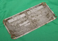 McCormick Deering Farmall IH F20 Tractor Identification Serial Number Plate Tag