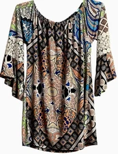 Win Win Colorful Pinwheel Bell Sleeve Tunic Top Sz L-XL Crochet Grannycore Boho
