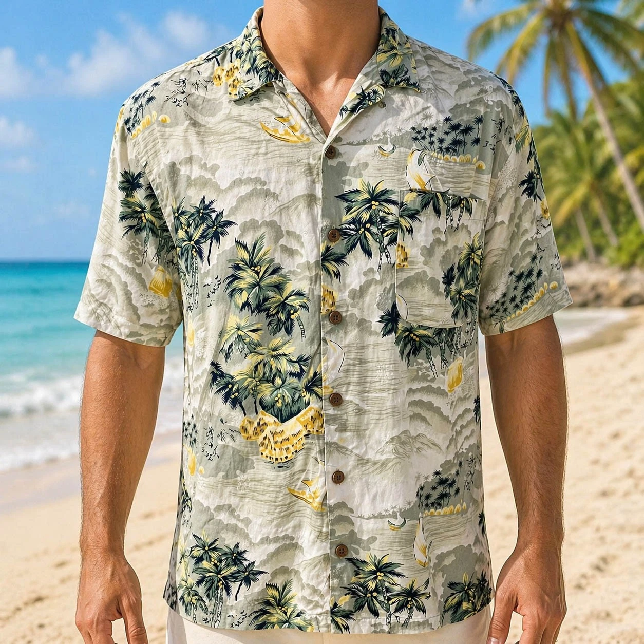 Tommy Bahama Hawaiian Aloha Shirt Large Palms Floral Outrigger Boats Beaches