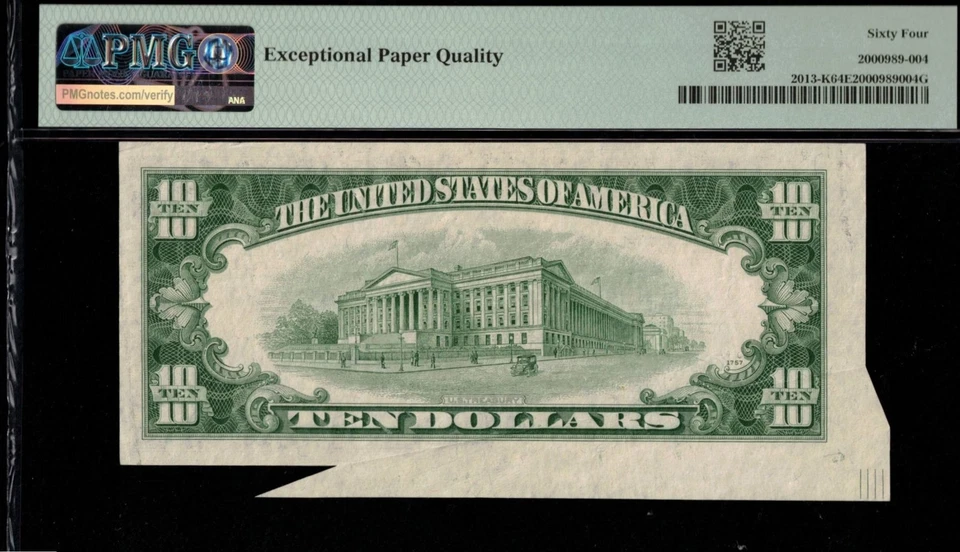 1950C $10 FRN FOLD OVER ERROR P.M.G #64EPQ - Image 2 of 3