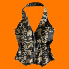 00's vintage camo print lace up zipper bodycon y2k corset halter tank top MEDIUM