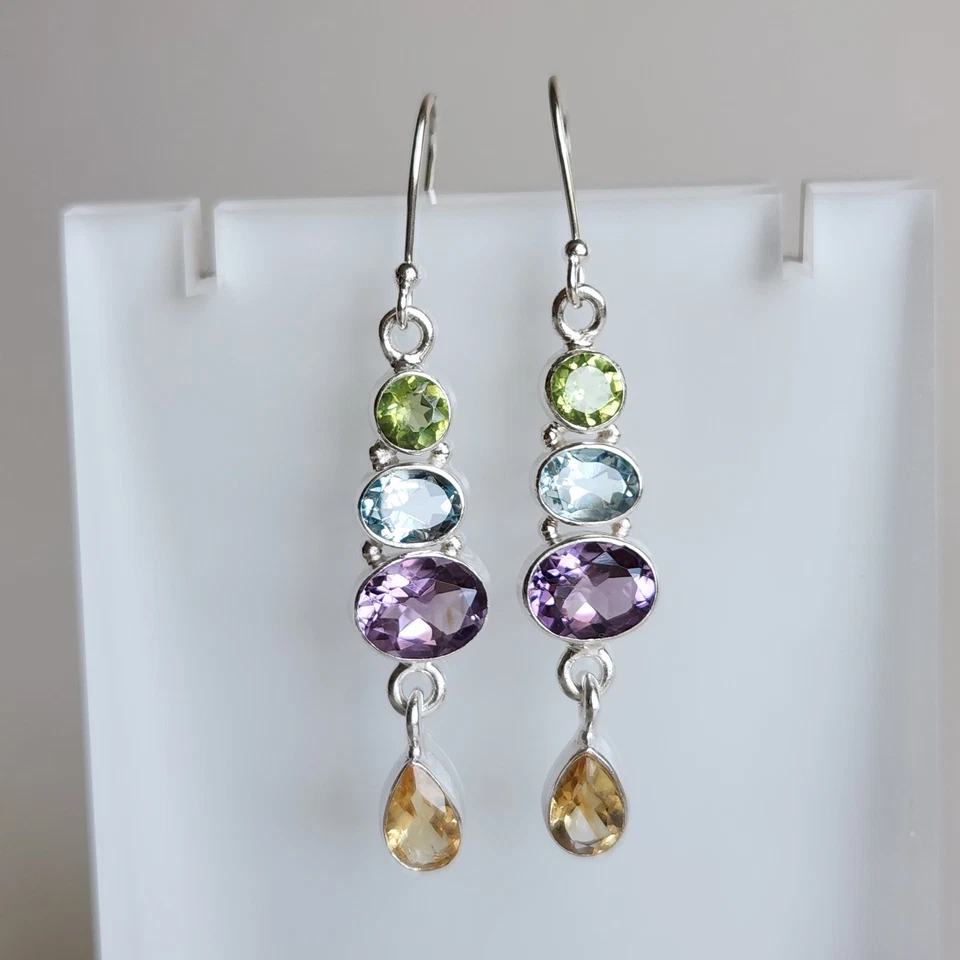Sterling Silver Multi-Gem Drop Earrings | Peridot, Amethyst, Citrine, Topaz | 2″ - Image 4 of 4