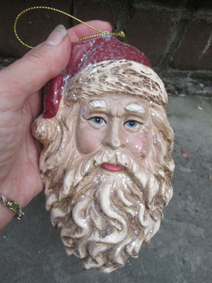 CHRISTMAS SANTA CLAUS FACE ORNAMENT BEARD VINTAGE STYLE HANGING MOLD GLITTER 6''