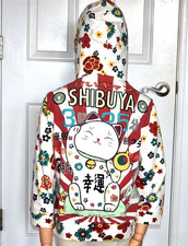 Rare Vintage Lucky Brand Embroidered Shibuya Asian Lucky Cat Graphic Hoodie M
