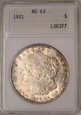 1921 Morgan $1 ANA ANACS MS63 Gen 1 Old small White Holder SWH