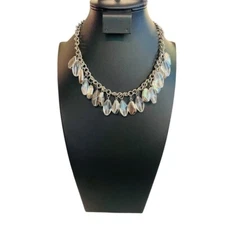 Silvertone 17" Statement Necklace Clear Charm Beads Lobster Clasp