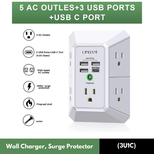 5 Outlet Extender Surge Protector Multi Plug Wall Adapter USB Charger Ports with