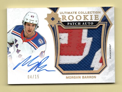 2021-22 UD Ultimate GOLD RPA Morgan Barron #/15 SP RC AUTO PATCH - RANGERS