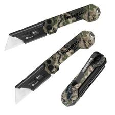 WORKPRO 3PACK Folding Utility Knife Set Axis Lock Box Cutter with Belt Clip Camo