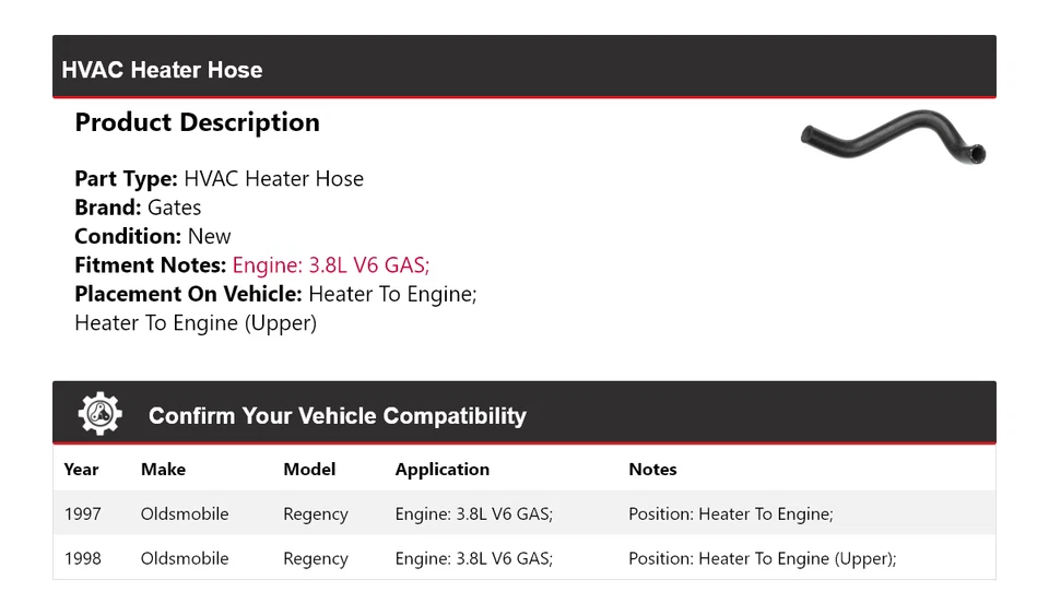 Para Oldsmobile Regency 1997-1998 3,8 L V6 Gas HVAC Calefacción Manguera Puertas Foto 2 de 4