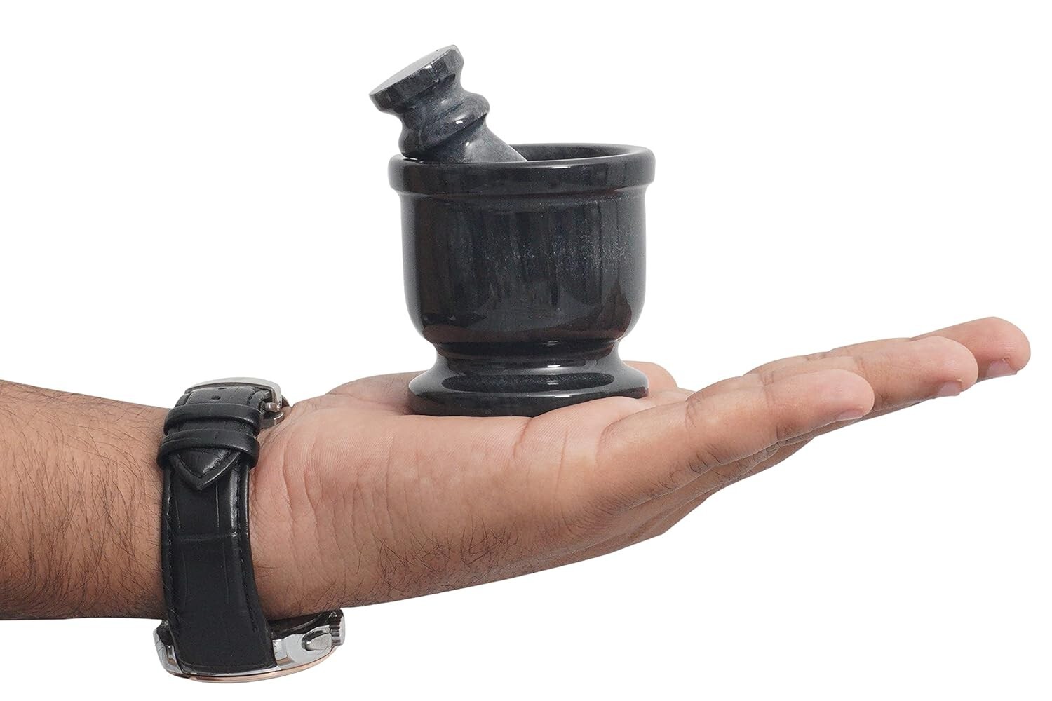 Marble Mortar and Pestle Set Black Palm Size 2.5" Handmade Portable