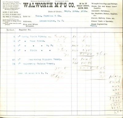 1894 Walworth Mfg Co Boston MA Invoice - Theo Perkins & Co Canandaigua NY