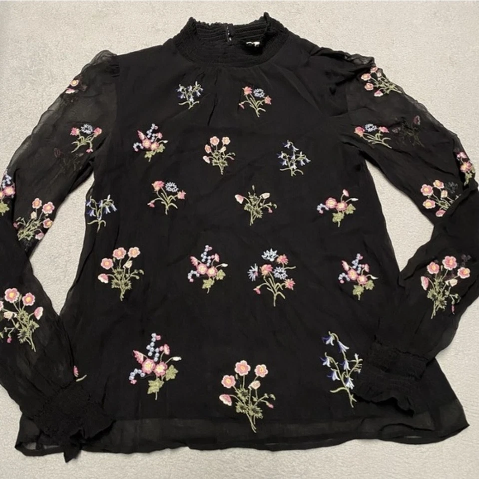 Blusa Sundance Boho Fleur Fare Bordada Negra Floral Semisheer Forrada Cupro M Foto 4 de 4