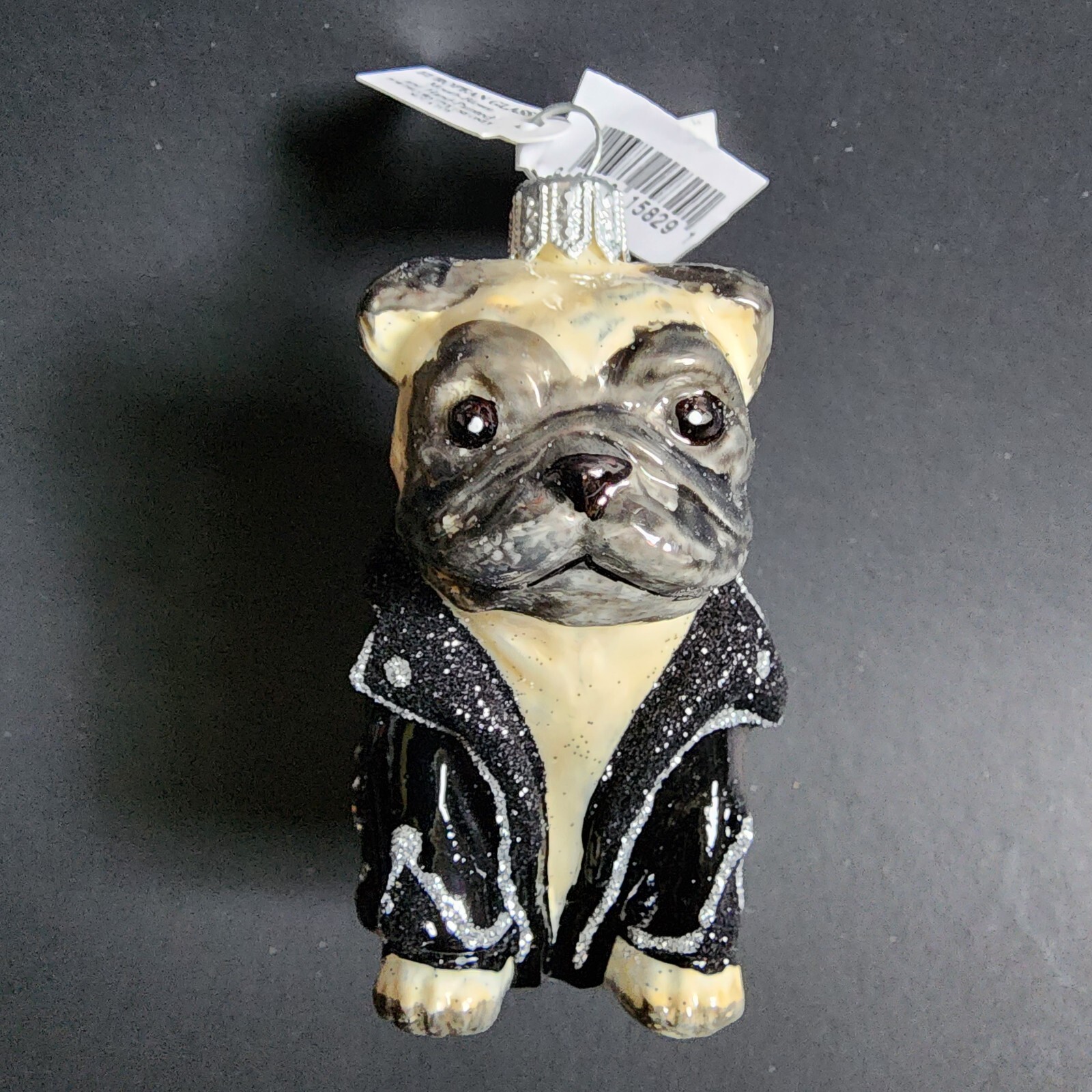 Pug Dog Fawn Ornament Portugal Hand-Painted Blown Glass Glitter Multicolor New 