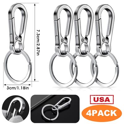 4Pcs Keychain Key Ring Carabiner Clip Keyring Chain Fob Holder Silver Metal USA