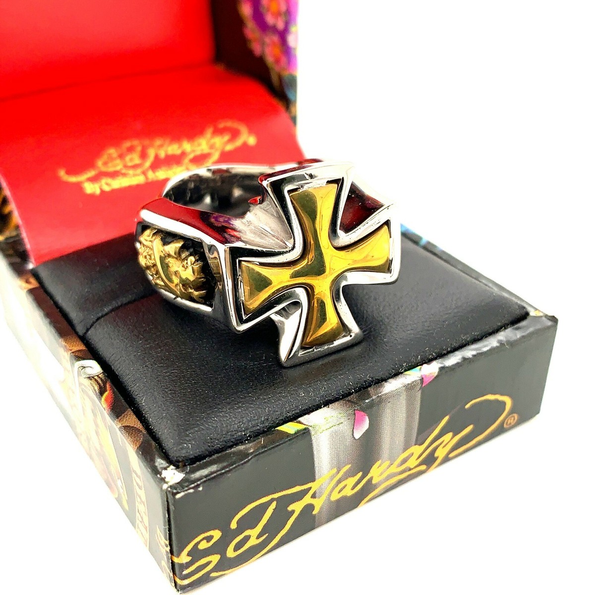Authentic Ed Hardy Gold Cross Stainless Steel Ring Size 7, 8 | eBay