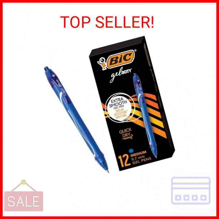 BIC Gelocity Quick Dry Blue Gel Pens, Medium Point (0.7mm), 12-Count Pack, Retra