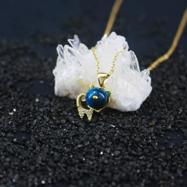 Z02 Cat Head from Blue Tiger Eye Pendant Gold Plated With Necklace