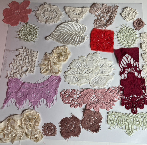 22 applique lot from dresses lace? flowers leaves junk journal scraps snippet