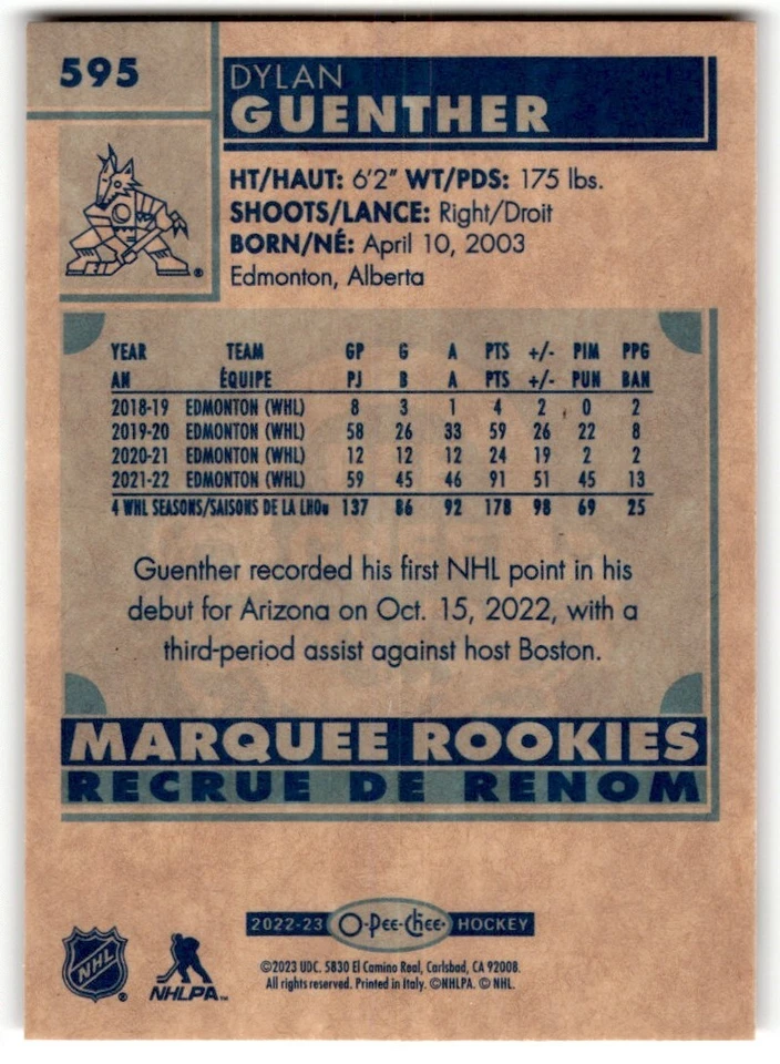 2022-23 O-Pee-Chee Retro Dylan Guenther Rookie #595 Arizona Coyotes - Image 2 of 2