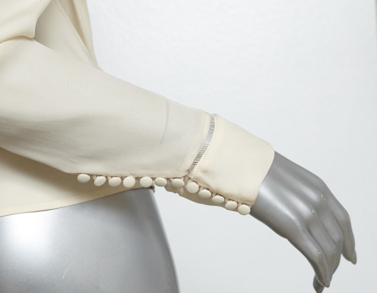 BALENCIAGA Ivory Silk Chiffon Draped Long-Sleeve Blouse Top