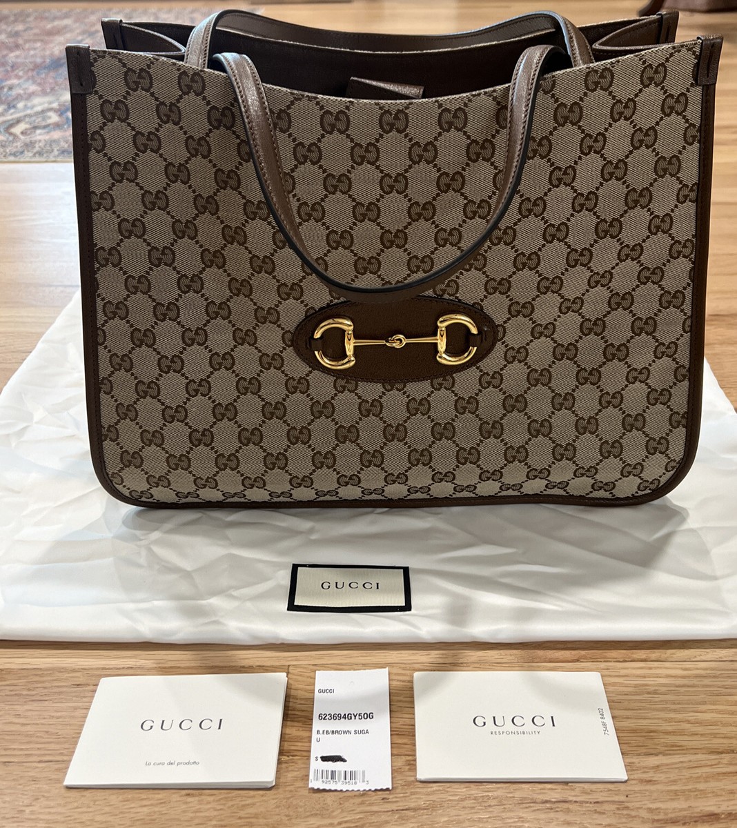 New GUCCI GG 1955 Horsebit Monogram Canvas Brown Leather Tote Bag