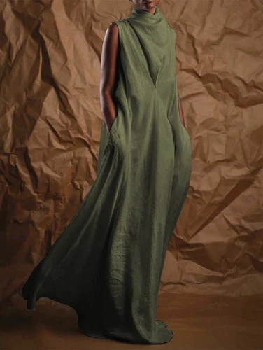 Womens Turtleneck Sleeveless Pockets Loose Long Dress Summer Fashion Maxi Gown - Picture 4 of 41