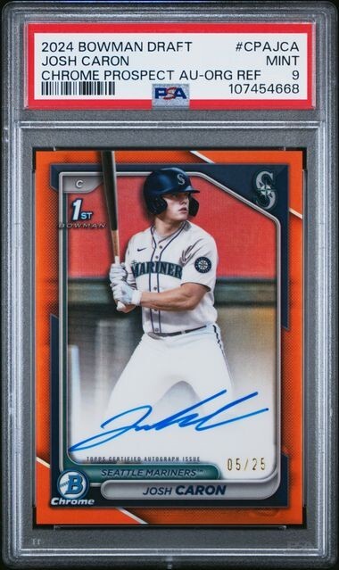 Josh Caron 2024 Bowman Draft Chrome Auto Orange Refractor /25 RC 1st PSA 9