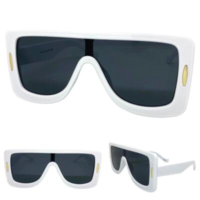 OVERSIZED Exaggerated Modern Retro Shield SUNGLASSES Large White Frame Dark Lens