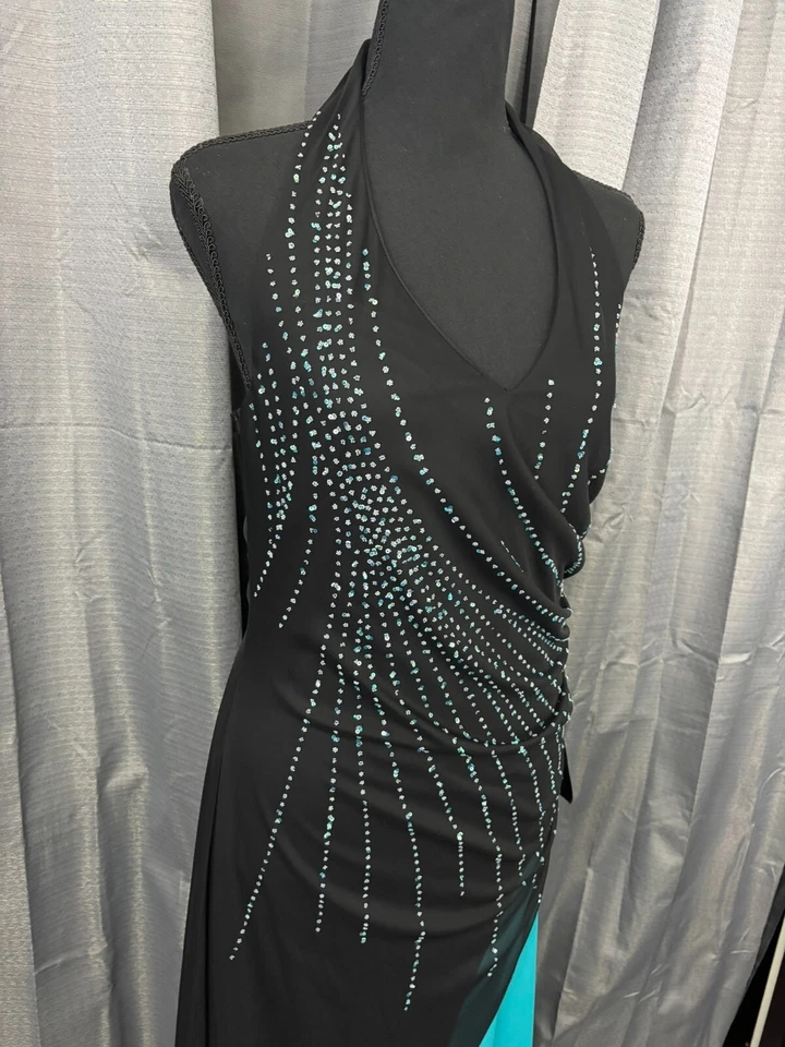 Maxi Vestido De Colección Colección XOXO Cuello Halter Baile de graduación L Negro Verde azulado Lentejuelas Cachicho Foto 4 de 4