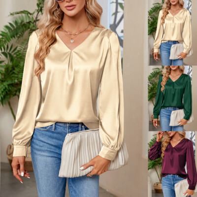 Damen Elegant Bluse Hemd Satin Tunika Oberteile V-Neck Langarm Büro Party Tops
