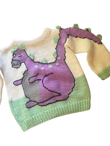 Vintage 90s Handknit Dinosaur Sweater - Specially Handmade by Grandma - 4T 5T - Picture 4 of 9