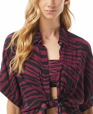 Michael Kors Women's Swimsuit Animal-Print Cover-Up Shirt, SM, Ruby/Black