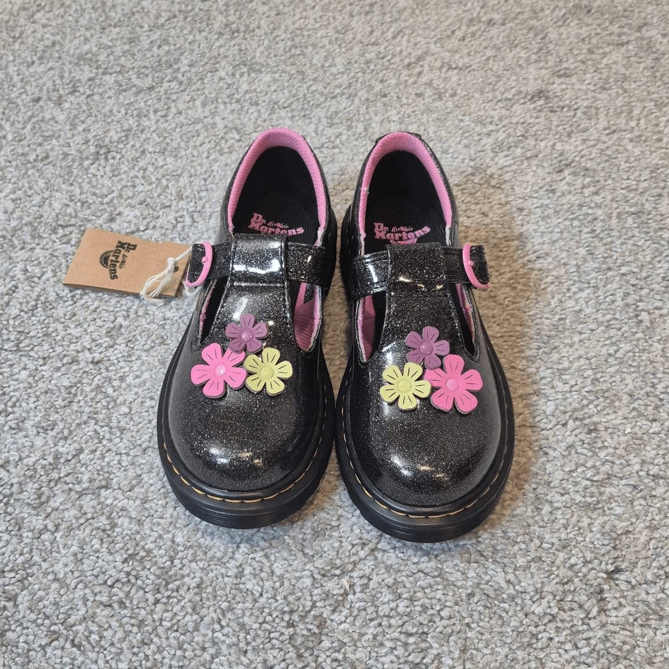 Dr. Martens Girls Size 1 Polley Mary Janes Black Sparkle Pink Flowers - Image 2 of 4