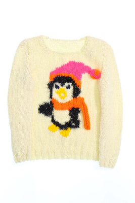 Ohne Label Pullover handgestrickt Intarsien Muster 164 créme