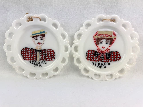 Vintage Anchor Hocking Open Lace Edge Plate Painted Grandma & Grandpa Lot of 2