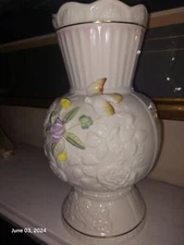 Beleek Irish Pottery Songbird Tall Vase 2007 Marie McGrellis Design Bird Flowers