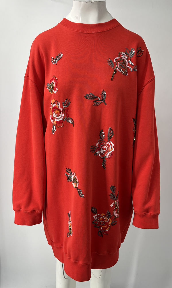 MSGM Red Long Sleeve Sequin Embellished Floral Print Crewneck Shift Dress sz XL