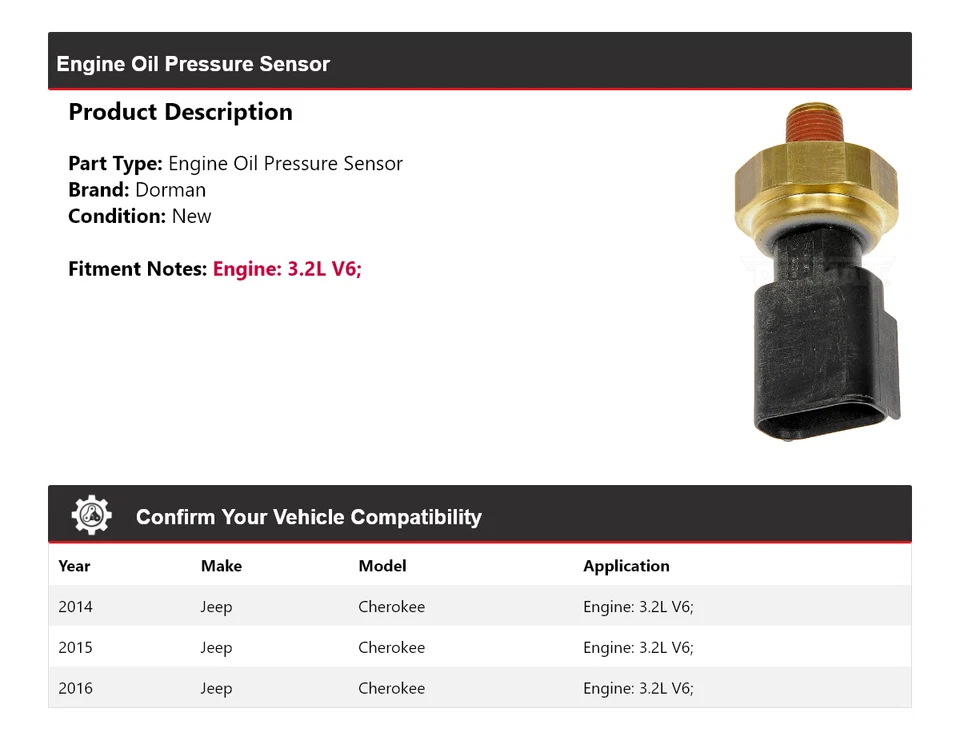 Sensor de presión de aceite del motor Dorman V6 3,2 L 2015 Jeep Cherokee 2014-2016 Foto 2 de 4