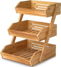Kitchen use 3 tier wooden fruit basket with countertop farmhouse fruit bowl.