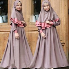 Ramadan Muslim Kids Girls Prayer Scarf Hijab Dress Set Kaftan Abaya Kaftan Robe
